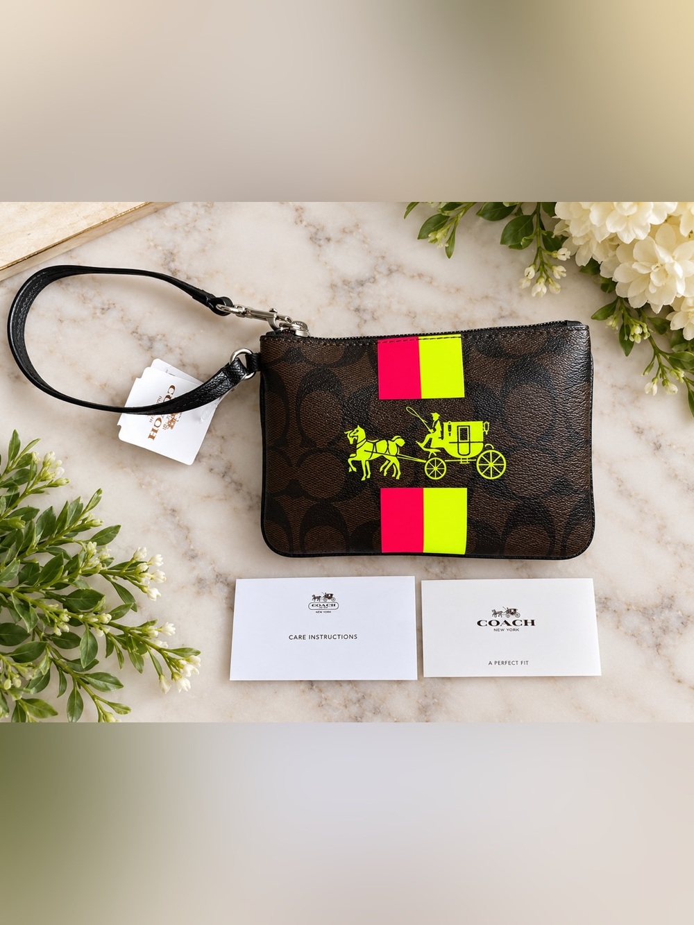 Coach F58032 Signature Neon Stripe Wristlet NWT Brown Pink Lime